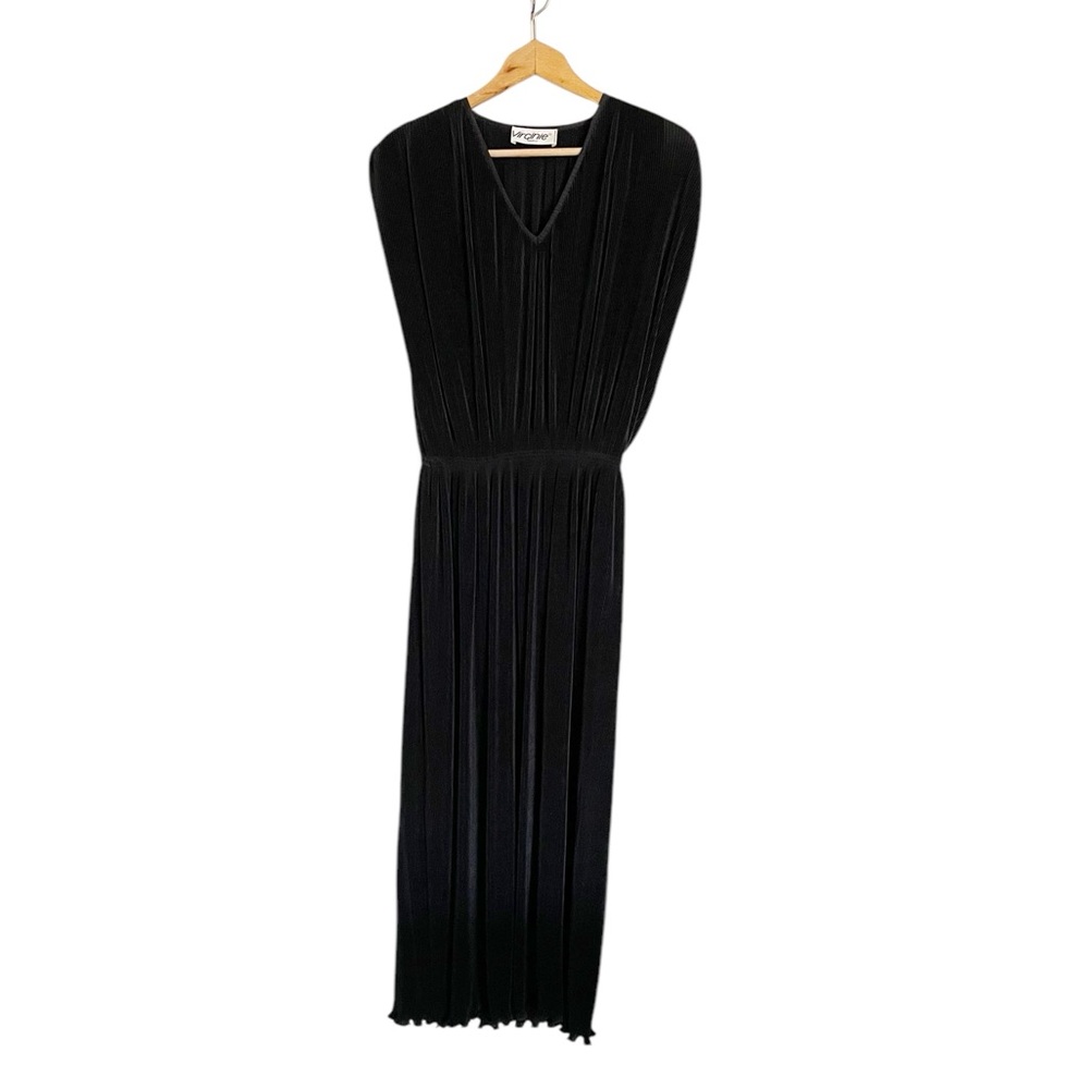 Vintage Virginie Paris Black Cap Sleeve Accordion Pleated 80s Glam Dress size S